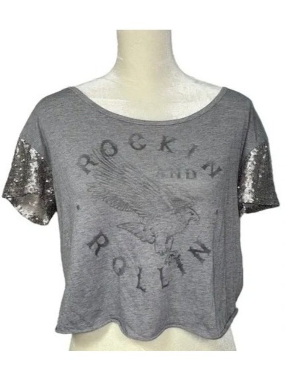 Hollister Rockin & Rollin Sequin Sleeve Crop Top Women's M Gray Boxy Y2K Tee